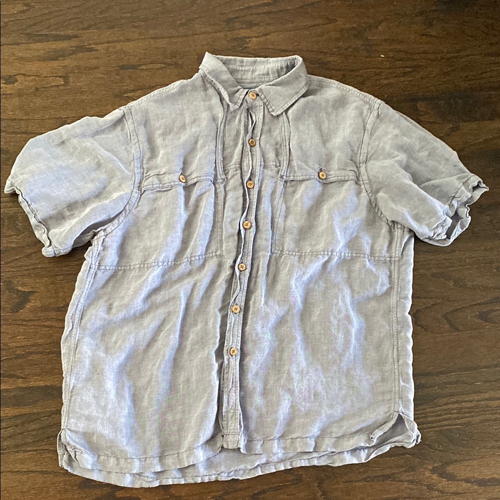 Caribbean chambray blue linen cotton button down short sleeve camp shirt